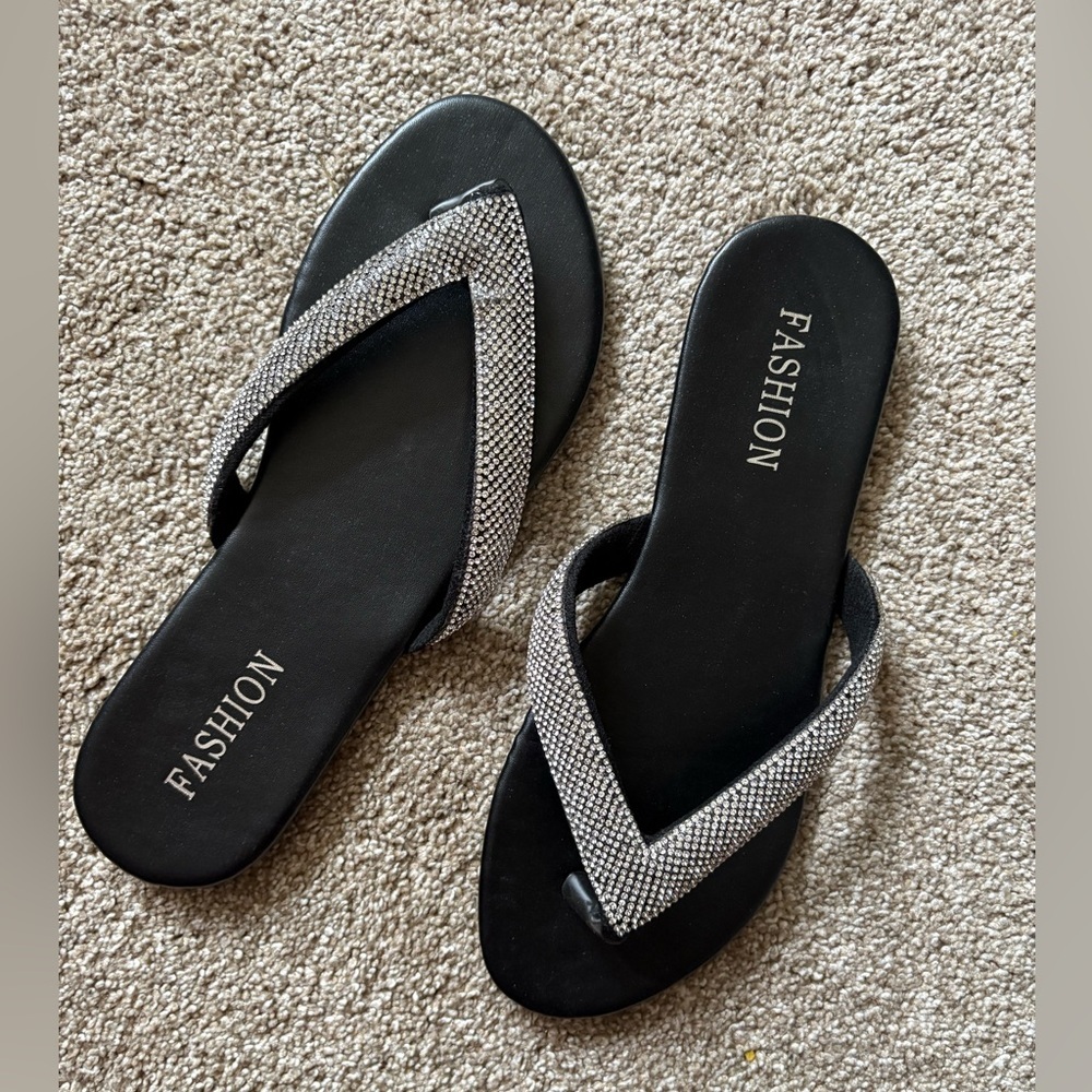Black Flip-Flops with Silver Crystal Embellishments - Picture 4 of 5